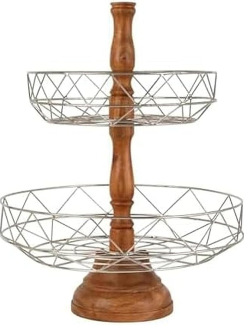 Stylish 2-Tier Fruit & Vegetable Storage Basket - Metal & Wood Kitchen Organizer